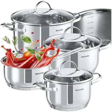 tectake® Juego de 4 ollas con tapa, 7 piezas en acero inoxidable, apto para inducción, escala de medición, asas resistentes al calor, tapa de cristal con salida de vapor, ideal cocinas y camping