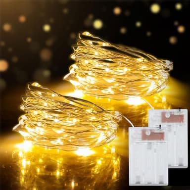 Paquete de 2 Guirnalda Luces Pilas Blanco Cálido, 5 Metros 50LED Plata Alambre, 2 Modos de Iluminación, Impermeable, Mini Luz de Cadena, para Decoración Navidad, jardines, fiestas, Balcón, Bodas