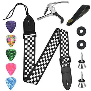 DIKEBAO 12 Pcs Kit I Correa de Guitarra Acustica, Electrica y Bajo, Strap para Colgar, Cinta Ajustable 80-137cm para + 1 Cejilla 5 Púas