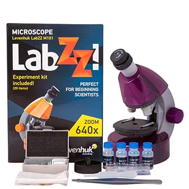 Levenhuk LabZZ M101 Amethyst 40x–640x Microscopio Didáctico para Niños y Principiantes con Kit Stem, Guía de Experimentos, Muestras Preparadas, Herramientas y Caja de Regalo, 5 Colores (ES)