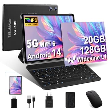 SKYEGG Tablet 10 Pulgadas Android 14 con 20 GB RAM + 128 GB ROM (Ampliable a 1TB), Widevine L1, 5G Wi-Fi 6, GPS, 8 Core, 8 MP + 5 MP, USB-C Tablet con Teclado + Ratón + Funda, Negro