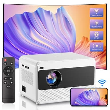 Proyector 1080P Full HD Soporte 4K, Proyector Portátil con 16000 Lúmenes, Enfoque Eléctrico, WiFi 2.4/5G, Bluetooth 5.1, Proyector de Cine Compatible con iOS y Android HDMI/USB/TV Stick/PS5/Laptop
