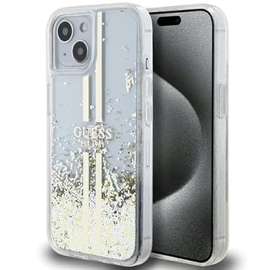 Guess GUHCP15SLFCSEGT Funda para iPhone 15/14/13 6.1 Pulgadas Funda Rígida Transparente Líquido Brillo Rayas Doradas