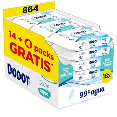 Dodot Toallitas Pure Aqua Para Bebé 18 Paquetes De 48 Unidades = 864 Toallitas, Ayuda A Restaurar El PH Natural De La Piel, 99% Agua