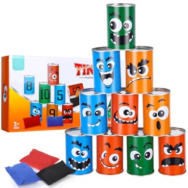 Juego de Lanzamiento de Bolsas de Judías para Niños, Juego de Lanzamiento de 10 Latas y 3 Bolsas de Judías, Juegos Exterior Niños Jardin, Juegos Infantiles Exterior, Juegos Jardin, Juegos Gigantes