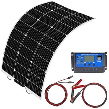 Panel Solar 100w 12v Kit de Panel Solar Monocristalino Flexible Con Conector PV Controlador 10a Impermeable Cargador Solar Para Autocaravana, Techo, Caravana, Barco Y 12v Baterías(100 Vatios)