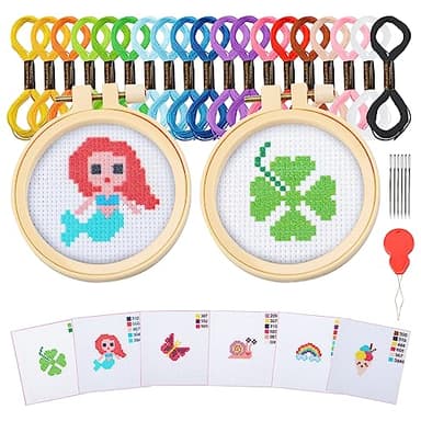 Ysimple Kit de Inicio de Bordad,Embroidery Kit,Kit de Bordado de Punto de Cruz con 6 Patrón e 2 Anillos de Bastidor de Bordado,1 Instrucciones,para Principiantes y Aficionados