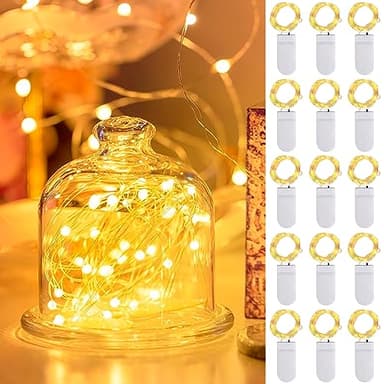 15 Piezas Luces de Hadas con Pilas,20 LEDs de 2m Cadena de Luces,Mini Luces de Cadena LED Impermeables,Lámpara de Alambre de Cobre,Para Botellas,Decoración de Muebles,Bodas,Navidad - Blanco Cálido