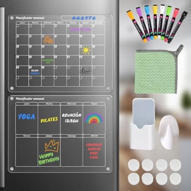Monvara® 2 pcs Pizarra Magnetica Nevera - Calendario nevera transparente ESPAÑOL - Planificador Semanal + Mensual 40 x 30cm + 8 Rotuladores PREMIUM - calendario iman nevera 2025 reutilizable