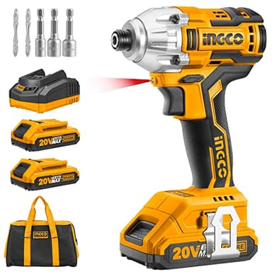 Ingco Atornillador de impacto sin escobillas de iones de litio de 20 V, con 2 baterías de 2,0 Ah, 1 cargador de 1 hora, 170 NM(CIRLI2002)