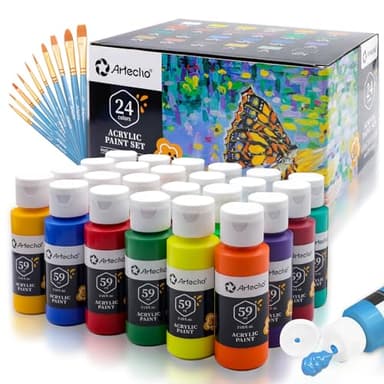 Artecho Pinturas Acrilicas 24 × 59 ml con Pincel de 10 Piezas, Acrylic Paint Set, no Tóxico, Impermeable y Resistente a la luz, para Lienzos, Tela, Madera, Cristal, Piedras.