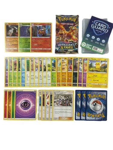 Pok - Lote de 50 cartas de Pokémon sin dobles + 1 Pokémon Booster aleatorio + 2 tarjetas brillantes de regalo + 1 cartas raras. + 100 Heartforcards® Card Guard Sleeves