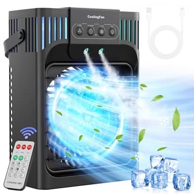FethFire Aire Acondicionado Portatil Silencioso,1200ML Enfriador de Aire con Mando,3 Velocidades,3 Modos,2-8H Timer,7 LEDs,10W Climatizador Portatil Evaporativo para Dormitorios,Habitación,Oficina
