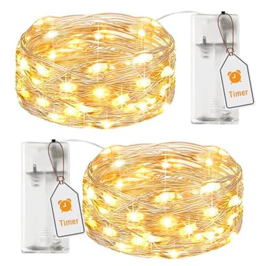 btfarm 2 Paquete Guirnalda Luces Pilas con Temporizador, 2M 20 LED Guirnalda Luces Interior, Alambre Cobre Impermeable Luces de Cadena, Decoración de Habitacion Navidad Exterior Jardin-Blanco Cálido