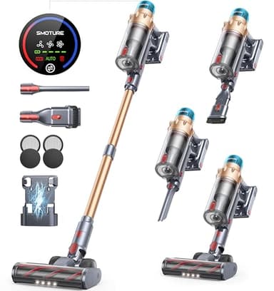 SMOTURE Aspiradora sin Cable 45KPA/550W/60Mins, Aspiradora Potente y Vertical, Modo Automático, Pantalla Táctil LED, Carga en Pared, Cepillo Antienredos, Ideal para Suelos Duros y Alfombras
