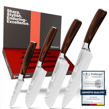 Matakumi Cuchillo Profesional Japones Estilo 4 Piezas - Cuchillo chef/ 8'' & 5'' Cuchillo santoku/3.5'' Cuchillo - Juego de cuchillos de Cocina Profesional - Cuchillo Damasco Estilo - Facas de Cozinha