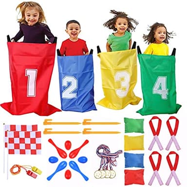 GOLDGE 32Pz Kit | Saco para Carrera y Accesorios, Juegos de Carreras de Sacos, Huevo y Cuchara, Medalla y Silbatos, Juegos para Exteriores Deportivo para Niño, Juegos de Lanzamiento para Fiestas