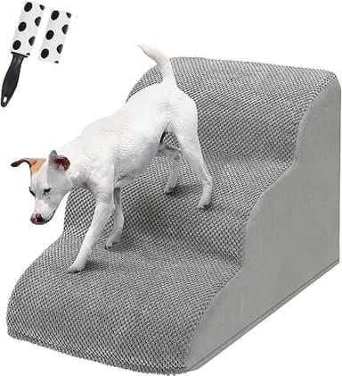 LIANTRAL Escalera y Rampa para Perros para Cama o Sofá, 3 peldaños de Espuma Alta Densidad con Funda Lavable y Rodillo de Pelusa, Escalera para Perros Pequeños, Gatos y Mascotas Mayores, Gris