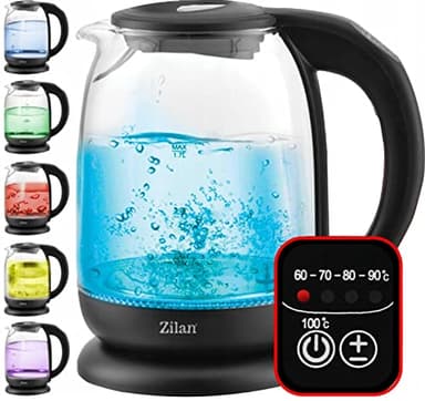 Zilan - Hervidor de agua con pantalla digital y LED, 1,7 l, 5 ajustes diferentes de temperatura, hervidor inalámbrico con cuerpo de vidrio de borosilicato de 360 grados, 2200 W