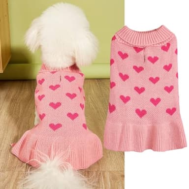 Yaopelky Vestido de suéter para perro pequeño con patrón de corazón, suéteres de punto para cachorros, cuello alto, ropa cálida para perros pequeños y gatos (rosa, L)