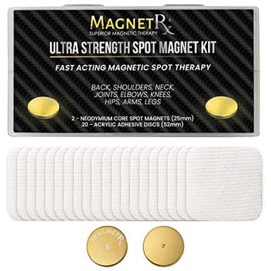 MagnetRX® Imanes Magnetoterapia - Kit 2 Imanes Neodimio Potentes Terapéuticos para el Alivio del Dolor - Terapia Magnética para Espalda, Hombros, Rodilla, Cuello - 20 Parches Adhesivos de Repuesto