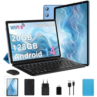 Biegedy Tablet 10 Pulgadas Android 14, 20GB RAM + 128GB ROM (TF 1TB), Dual Band WiFi 6, Octa-Core, Widevine L1 / 5 MP + 8 MP / 1280 * 800 Pixels/GMS/Bluetooth 5.0, Tablet con Teclado y Raton Azul