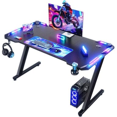 Devoko Mesa Gaming LED 120 x 60 cm, Escritorio Gaming de Fibra de Carbono, Mesa de Juego, Escritorio de Juego Ergonómico con Ganchos para Auriculares y Soporte para Vasos de Agua
