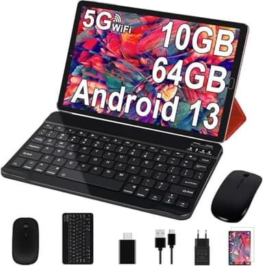 GOODTEL New Tablet 10 Pulgadas Android 13 con 10GB RAM 64GB ROM (TF 1TB), WiFi 6(5G+2.4G), Bluetooth 5.0, Type-C, 6000 mAh, 8MP+5MP, con Funda, Teclado, Mouse(Rojo)