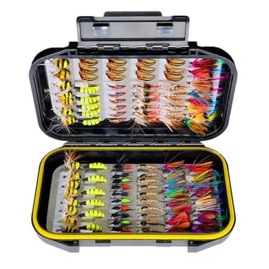Qitewwrme 24-100Piezas Traje de Pesca de Mosca voladora Cebo Artificial Volar para Pescar Moscas secas/húmedas Artesanal de Lubina Trucha ninfas, Popper con Caja (100 Piezas/Juego(9 Modelos Mixtos))