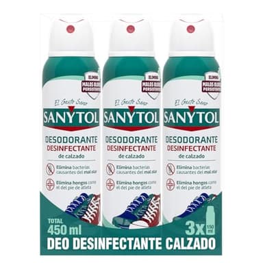 Sanytol - Desodorante Desinfectante de Calzado, Elimina bacterias del Mal Olor y hongos en el Calzado, Sin Lejía, Para Todo Tipo de Calzado - Pack 3 x 150 ml = 450 ml