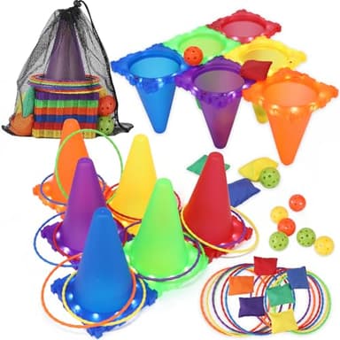 Ring Toss Game Set para Niños, Juegos de Lanzamiento de Anillos, 30 Piezas Kit de Juegos de Lanzamiento Sacos de Arena, Jardín de Deportes para Niños y Juegos Familiares para Fiestas al Aire Libre