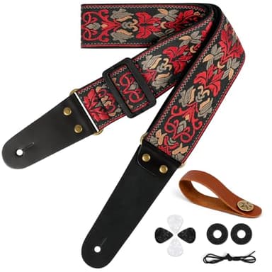 Aucuu Correa de Guitarra, Guitar Strap de Algodón, Bordado de Las Correas de Guitarra, 4 Púas de Guitarra, 2 Cierres de Correa de Goma, Extremos de Cuero Genuino, para Bajo Guitarra,Eléctrica,Acústica