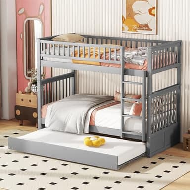 KecDuey 90 x 200 cm Litera, cama triple, cama infantil de madera con cama nido de 90 x 190 cm, barandilla alta, escalera estable, con somier (gris)