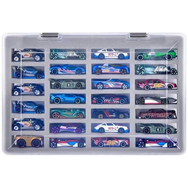 Adam - Funda compatible con Hot Wheels para autos, contenedor de almacenamiento con capacidad para hasta 27 ruedas de calor, soporte de exhibición con 4 tamaños de ranuras (solo caja)