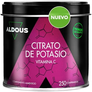 Citrato de Potasio 3705 mg - 250 comprimidos Sin Recubrimiento - Potasio Puro 1000 mg + Vitamina C 80mg - Suplemento Deportivo - Músculos, Tensión Arterial, Sistema Nervioso - Libre de Plásticos