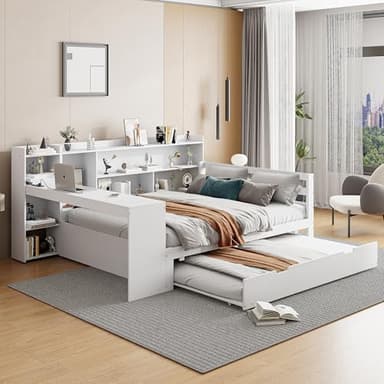boorbin Sofá cama de madera maciza, con estantes de escritorio y estanterías, con enchufes, cama extensible debajo de la cama, cama doble multifuncional (blanco-2, 140 x 200 cm)