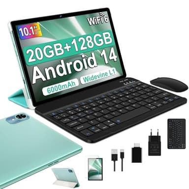 fezawio Tablet 10 Pulgadas Android 14 Tablet, 20GB RAM + 128GB ROM (TF 1TB), Octa-Core, Tablet con Teclado y Raton + Seguro de ruptura de Pantalla de un año - (Verde)