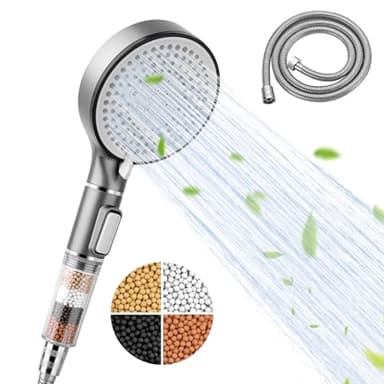 Cabezal de Ducha, Cabezal de Ducha de Alta Presión con Filtro de Agua Dura con 5 Modos, Cabezal de Ducha Universal de Flujo Potente con Filtro de Perlas y Manguera de 2M para Agua Dura de Baja Presión