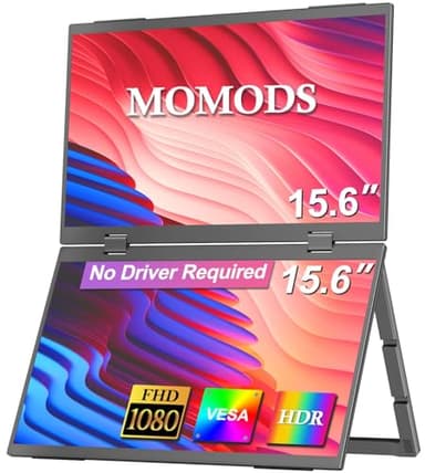 MOMODS Monitor Portatil de 15.6 Pulgadas con Doble Pantalla Plegable Portátil 1080P HDR, Extensor para Portátil con Rotación de 330°, Compatible con VESA, Cuidado Ocular, para Laptop, PC, Mac, PS5