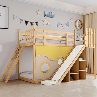 Cama infantil de 90 x 200 cm, cama de madera con escalera y vallas, con cortina de cama, tobogán y estantería, litera con protección contra caídas y rejilla, marco de pino, color madera natural