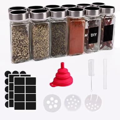 Deodak Botes Especias 12 Pcs, Tarros Especias 120ml, Tarros de Cristal con Tapa, Con Tamiz, Embudo, Cepillo de Limpieza, Etiquetas, Adecuado Para Organizador Especias, Especieros para Cocina