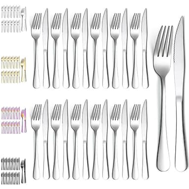 Evanda Juego de Cuchillos para Bistec 24 Piezas, Acero Inoxidable 12 Tenedores y 12 Cuchillos para Cena, Cuchillos para Bistec Tenedores para Bistec, Aptos para Lavavajillas