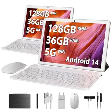 TIGERFU Tablet 10 Pulgadas Android 14, Tablet PC 5G WiFi 36GB RAM+128GB ROM(TF 1TB), Octa-Core 2.0 GHz, BT5.0, Batería 8000mAh, 8MP+5MP, Widevine L1, Tableta 2 en 1 con Teclado, Lápiz, Funda - Dorado