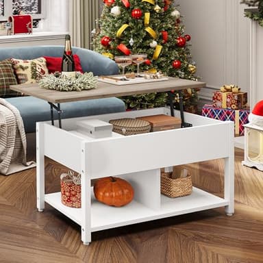 YITAHOME Mesa de Centro con Tapa Elevable, 2 Niveles, Mesa de Centro de Altura Ajustable con Compartimento de Almacenamiento Oculto y Estante para Sala de Estar, Oficina, Blanco y Gris