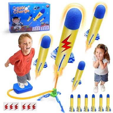 HOVIBU Cohete Juguete Lanzador para Niños con 6 Cohetes de Espuma, Juegos Jardin, Juguetes de Exterior para 3 4 5 6 7+ años Niños, Regalo Cumpleaños Navidad para niños de 3-9 años