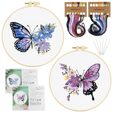 TAIHOBO Kit de Inicio de Bordado de Mariposa, 2PCS Kit Bordado Principiantes a Mano con Bastidor de Bordado, Aguja e Hilo de Bordar e Instrucciones, Embroidery Kit para los Aficionados a la Costura