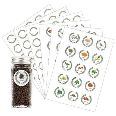 Azatemgo Etiqueta de especias Juego de 45 etiquetas de especias autoadhesivas con patrones y letras de especias para tarros de especias y 60 etiquetas en blanco Redondas de 4 cm
