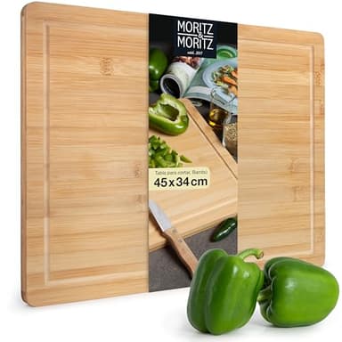Moritz & Moritz Tabla de cortar XXL de bambú grande – 45 x 34 x 2 cm – Tabla de madera de bambú con ranura para zumo – para cortar, servir y servir