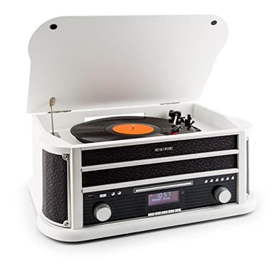 auna Belle Epoque 1908 - Reproductor de Vinilo, Tocadiscos estéreo Retro, Accionamiento por Correa, Radio Digital, Tocadiscos de Vinilo, CD, MP3, RDS, Casete, USB, Dab+, Bluetooth, Blanco