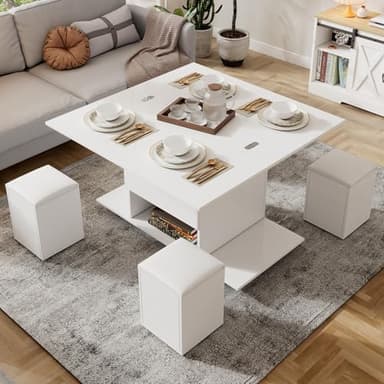 Mesa de centro multifuncional elevable: el escritorio puede abrir 2 mesas, color blanco, gran capacidad, muebles modernos de salón, oficina, mesa de comedor, 100 x 100 x 63,5 (largo x ancho x alto)
